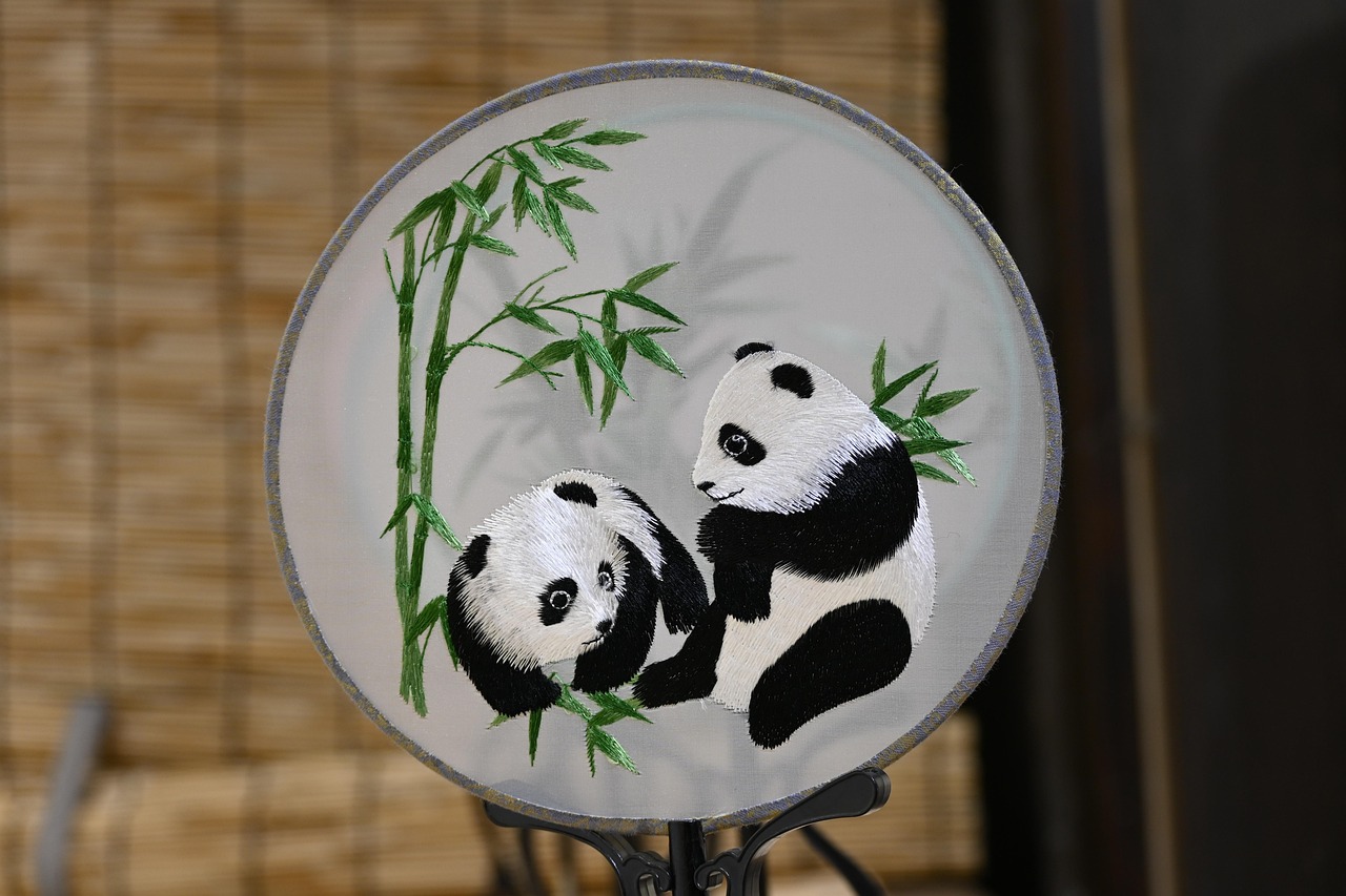 panda, shu embroidery, animal, nature, mammal, art